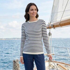 LANDS END 100% Cashmere Long Sleeve Cream & Navy Stripe Sweater Size Medium